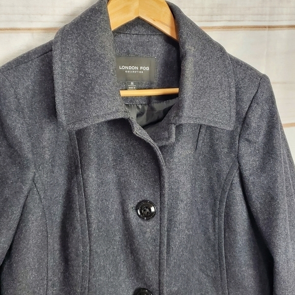 London Fog Collection Charcoal Gray Button Up Wool Pea Coat Jacket Size Medium - Picture 2 of 12